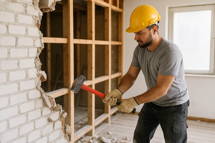 Islington Conversion & Renovations – builder demolishing interior wall with sledgehammer during home renovation