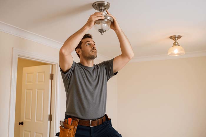 Islington Property Maintenance – tradesman installing ceiling light fixture in residential home